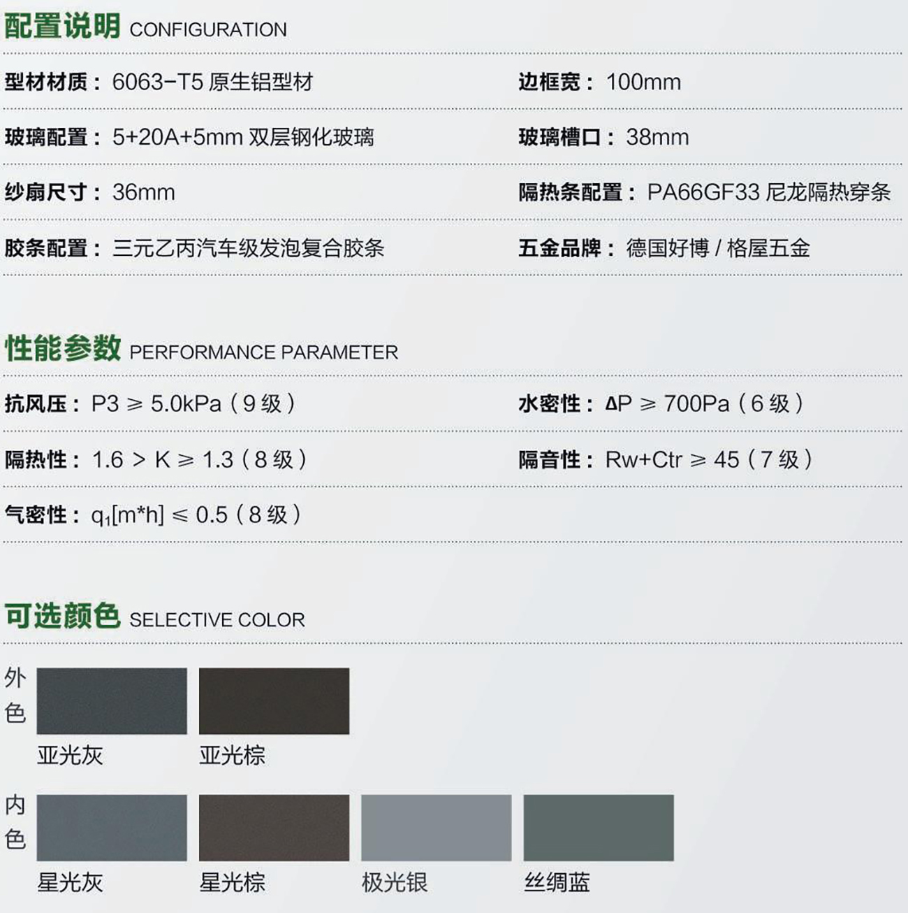 华赛100双内开窗-配置参数