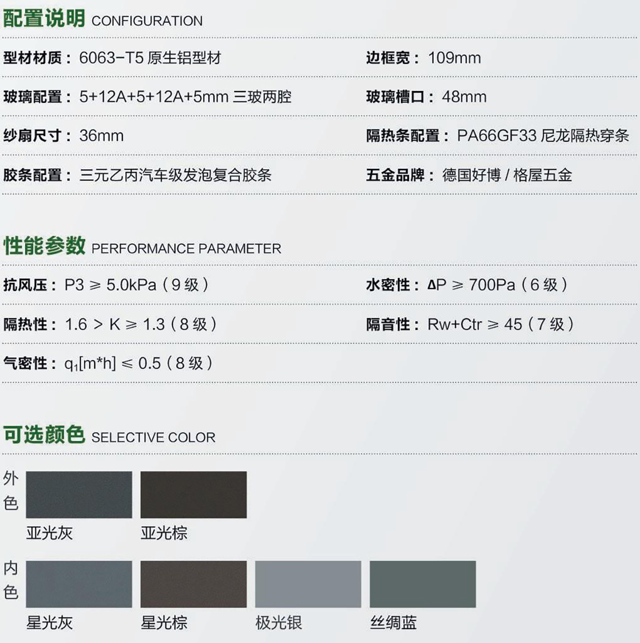 华赛109双内开窗-配置